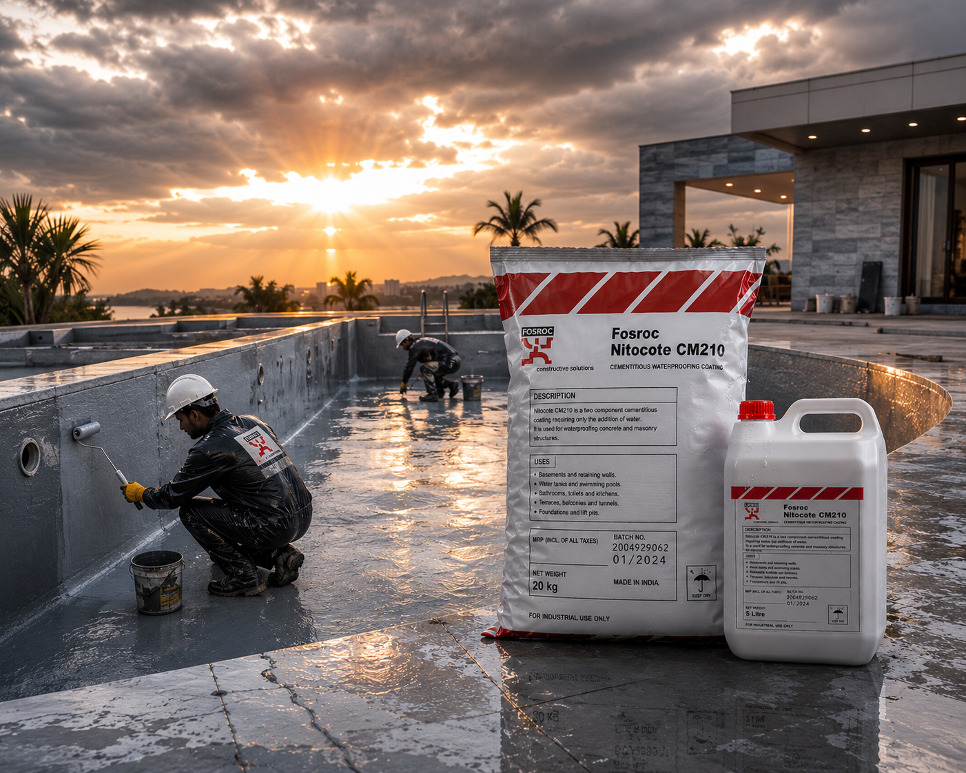 Fosroc Nitocote CM 210 — tough impermeable waterproof membrane with excellent adhesion on horizontal and vertical cementitious substrates




