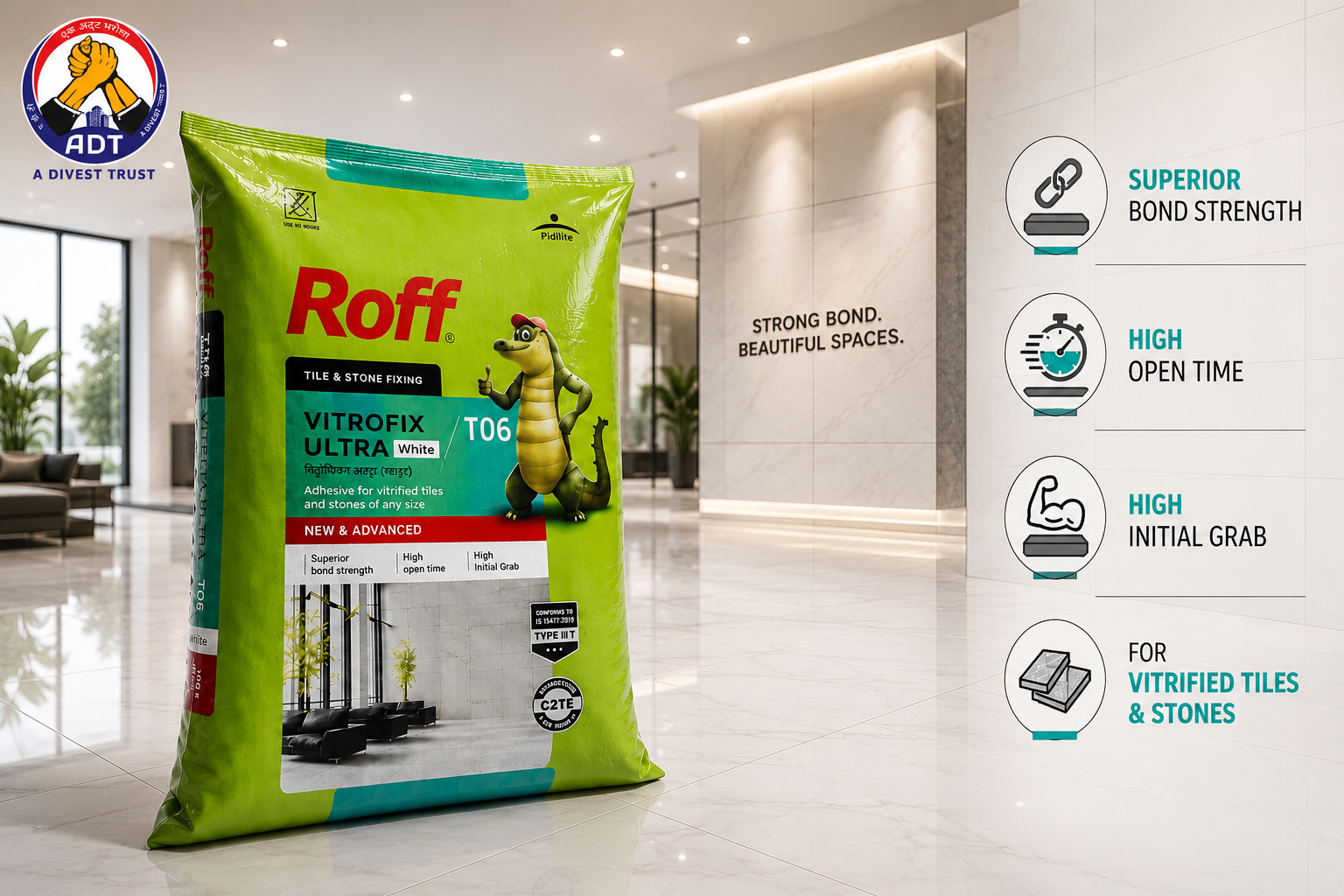 Roff T06 Vitrofix Ultra white tile adhesive bag from Roff India