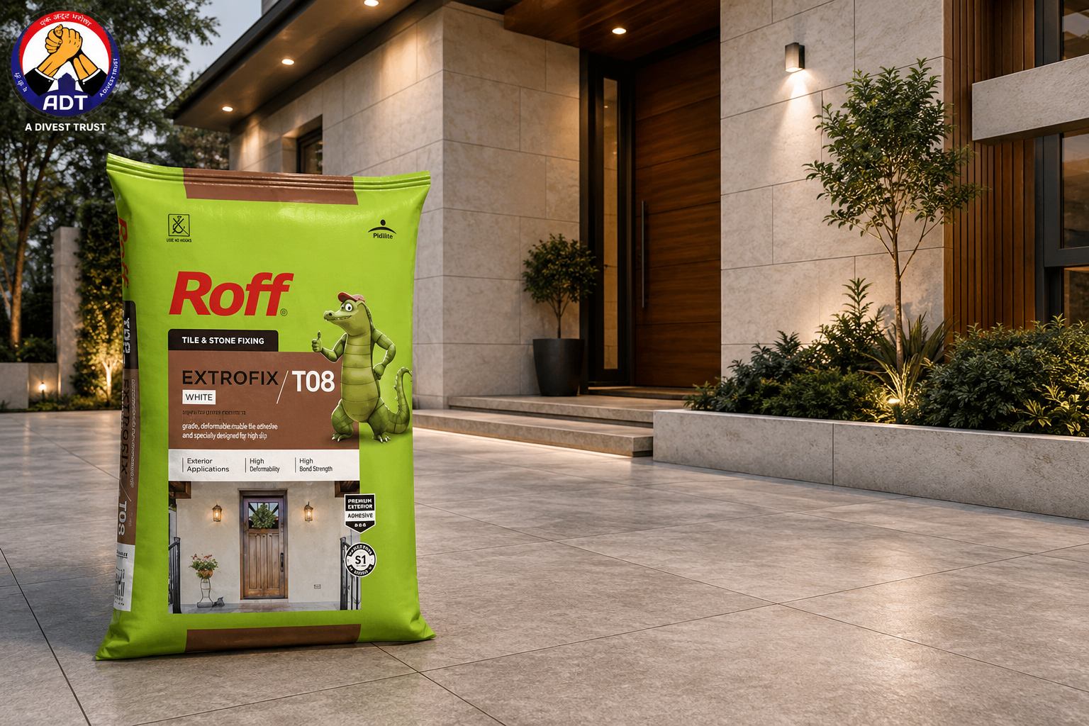 Roff T08 Extrofix white adhesive that keeps light tile colour true