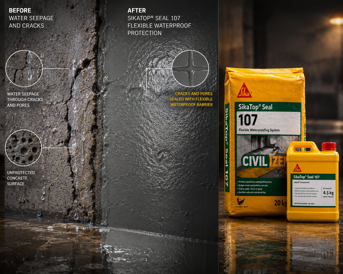 Sika India Sikatop 107 Seal IN — trusted cementitious waterproofing coating for swimming pools, retaining walls and below-grade structures




