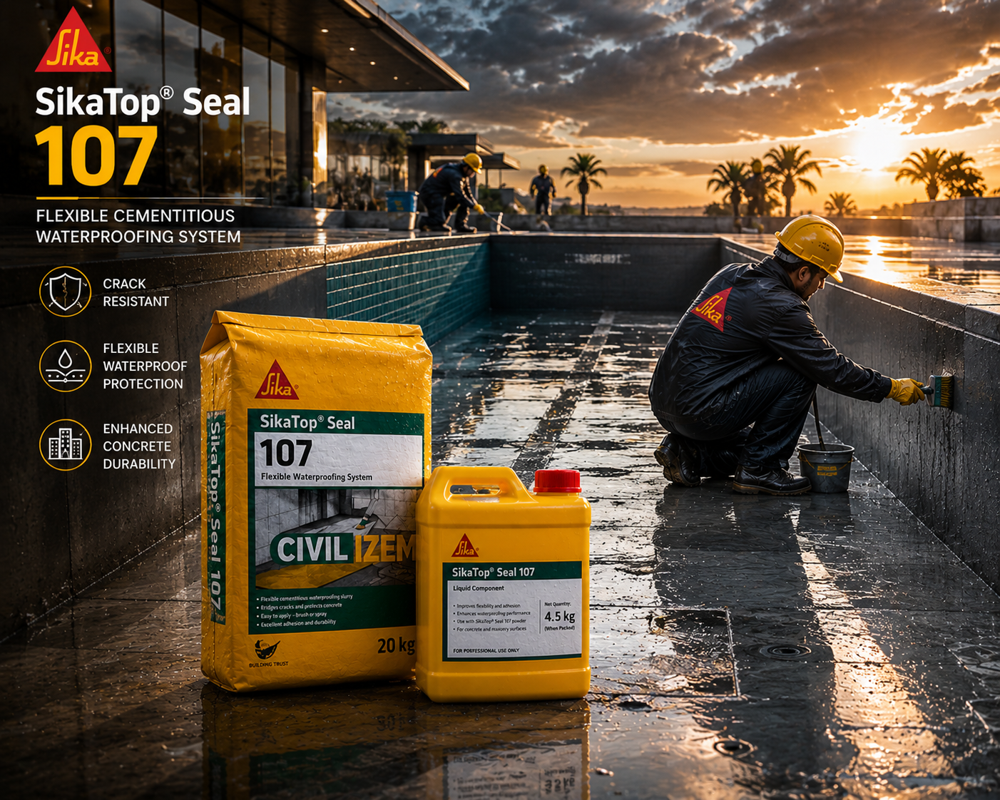 Sikatop®-107 Seal IN — tough impermeable waterproof membrane with excellent adhesion on horizontal and vertical cementitious substrates




