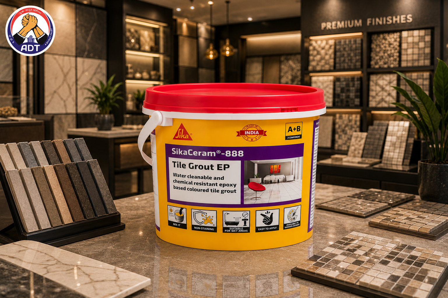 Sika Ceram-888 Tile Grout EP applied into tile joints in a commercial kitchen