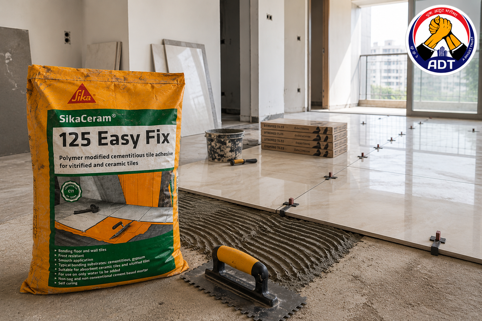 Sikaceram-125 Easy Fix back-buttered onto a large ceramic tile