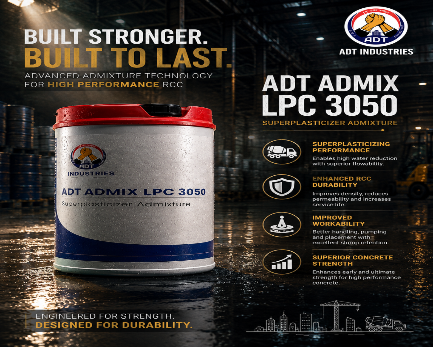 ADT Admix LPC 3050 low PC polycarboxylate superplasticizer — concrete admixture high water reduction workability ADT Industries India
