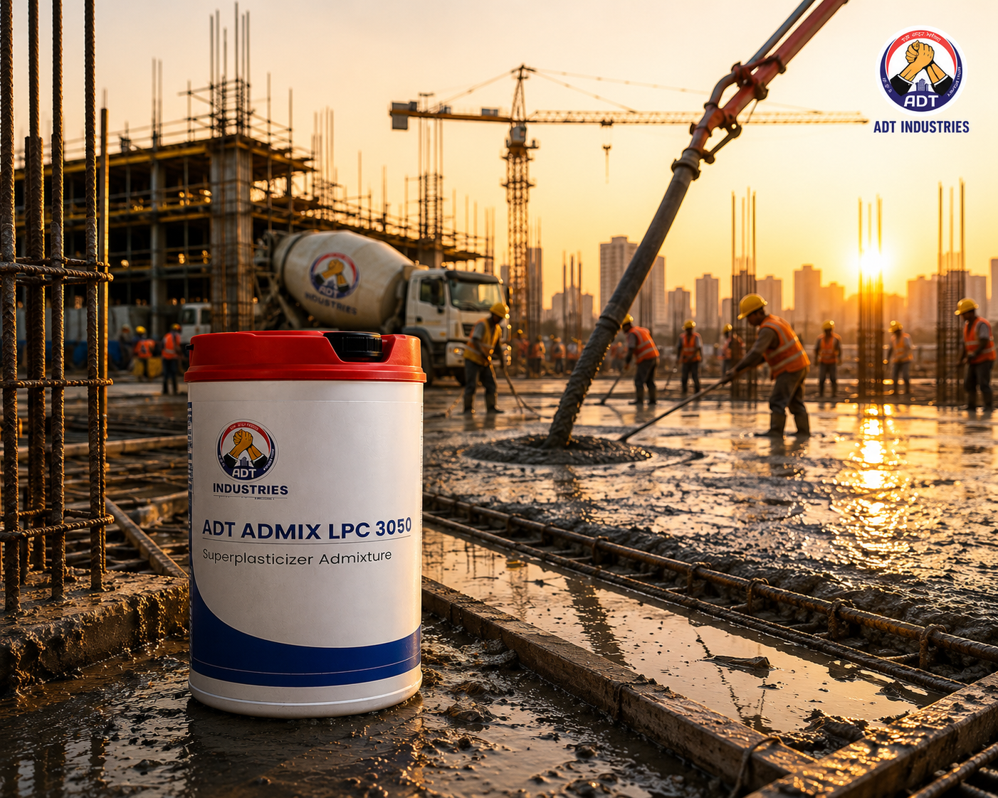 ADT Admix LPC 3050 added to concrete mix — low polycarboxylate superplasticizer improving workability strength India
