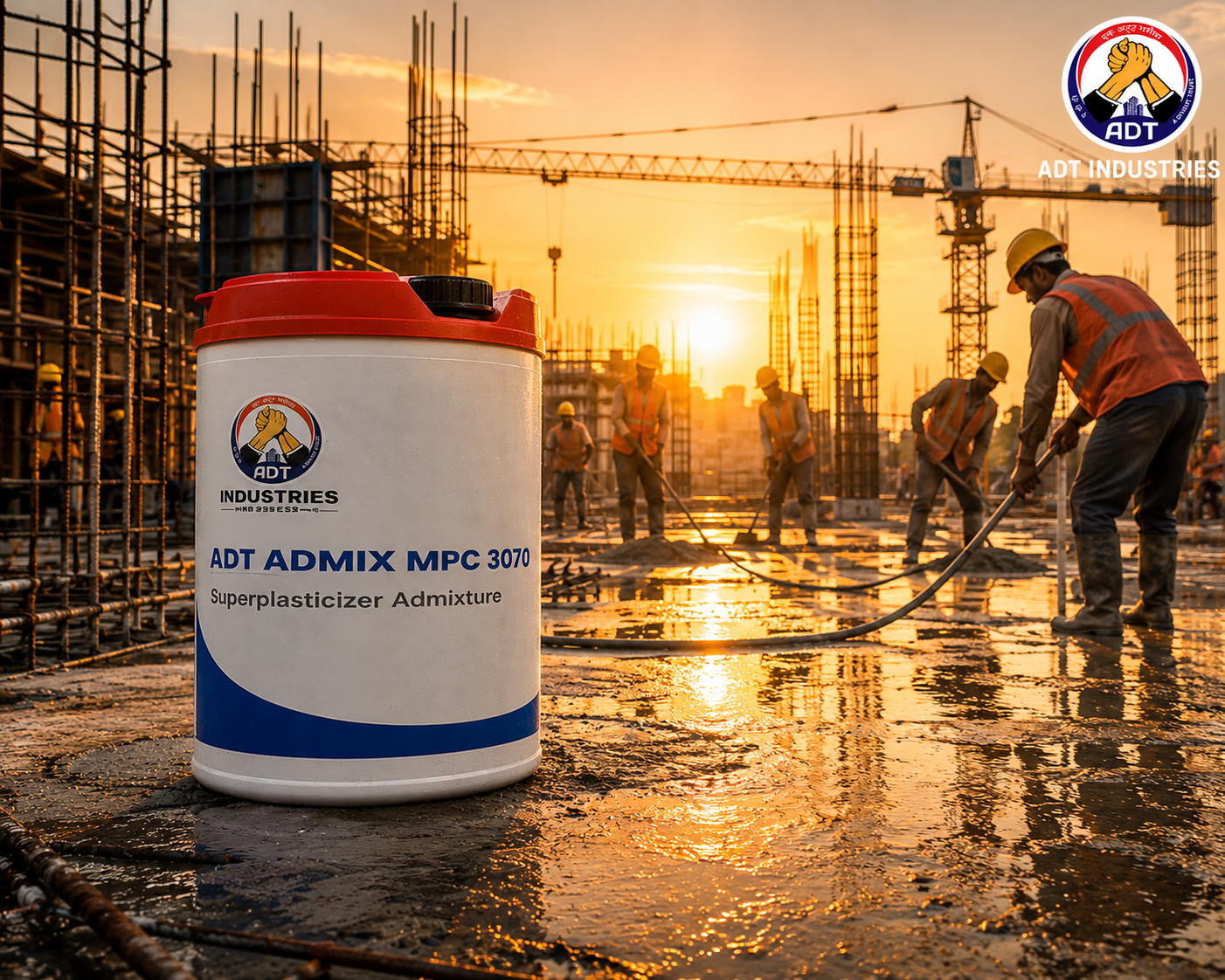 ADT Admix MPC 3070 added to concrete mix — mid PC superplasticizer improved workability high strength concrete India
