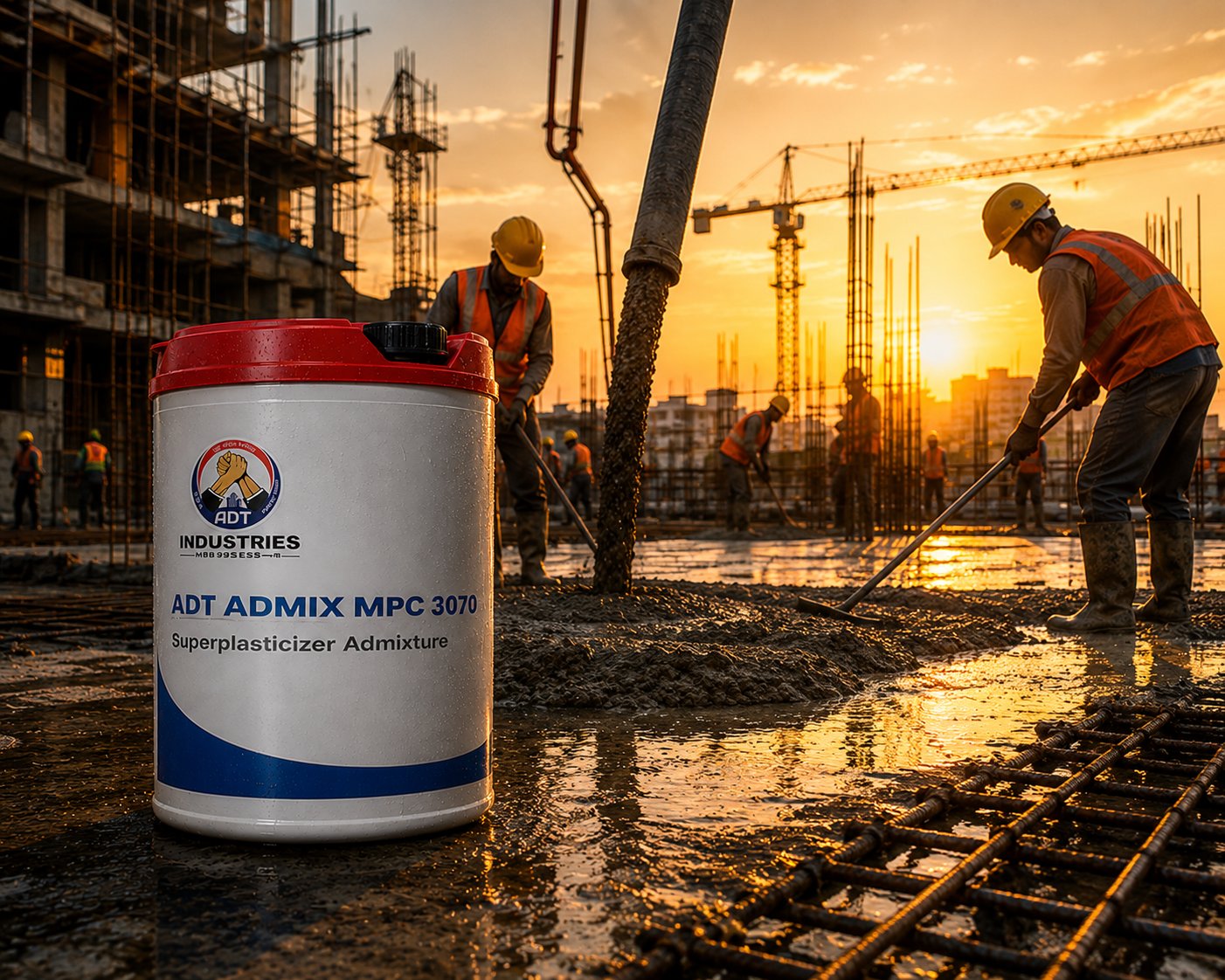 ADT Admix MPC 3070 construction chemical — mid PC superplasticizer admixture concrete bleeding segregation water reduction India
