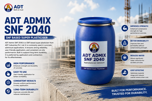 ADT Admix SNF 2040 SNF-based superplasticiser infographic showing features and uses

