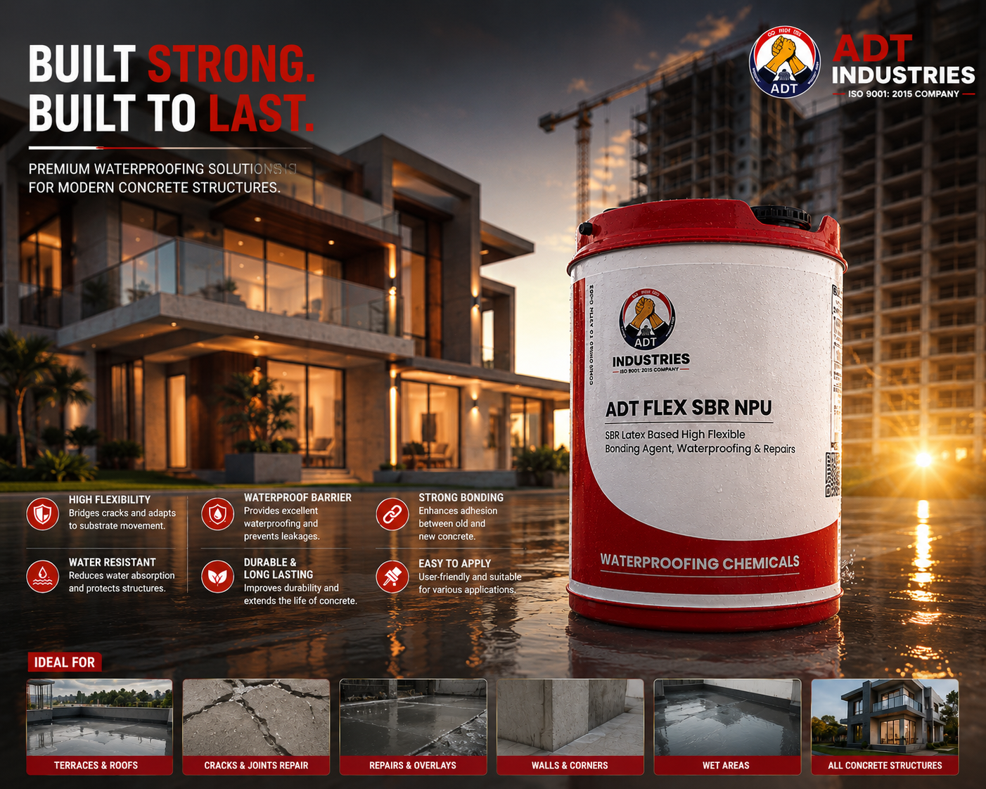 ADT Flex SBR NPU SBR latex bonding agent and waterproofing compound infographic for terraces, roofs and cracks

