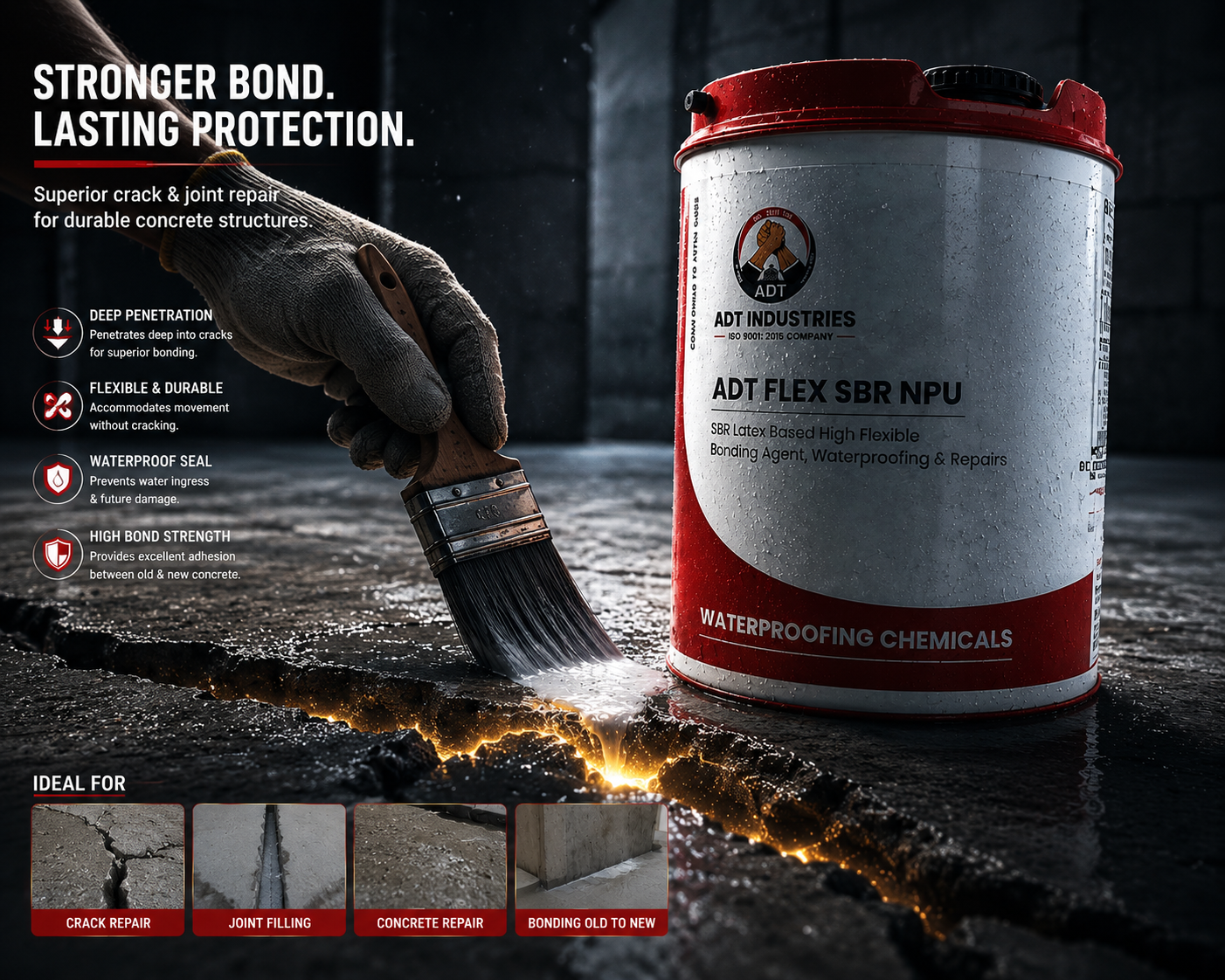 ADT Flex SBR NPU being applied for crack and joint repair on concrete

