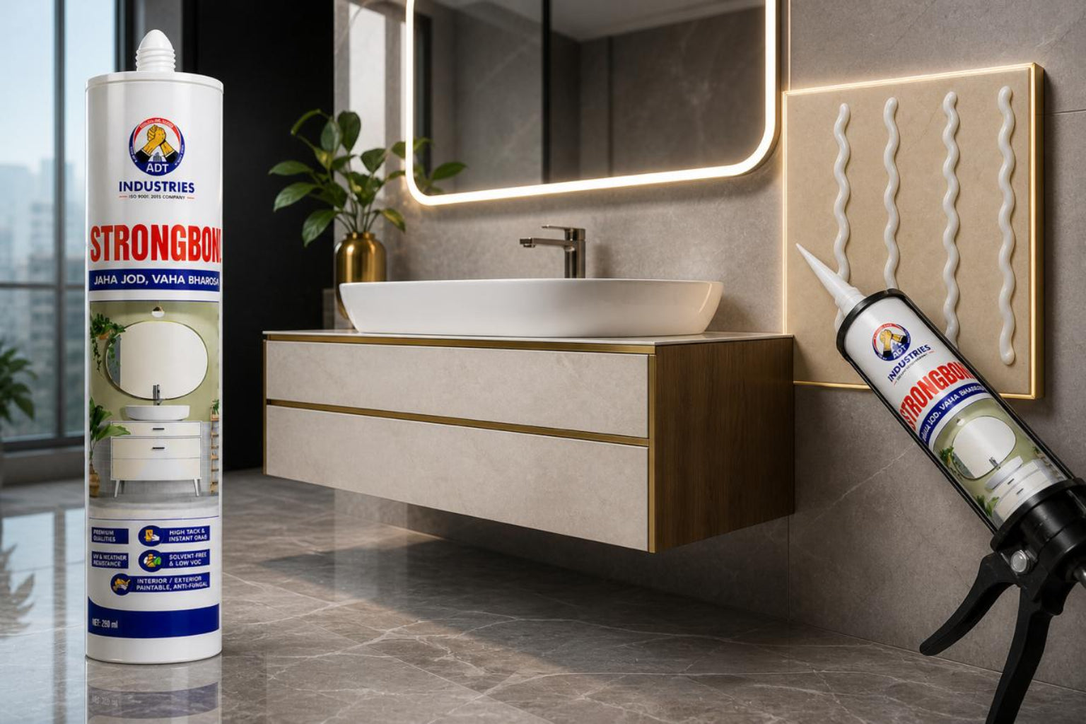 ADT Strong Bond in bathroom application — waterproof sealant adhesive for tile joint and plumbing leak repair India