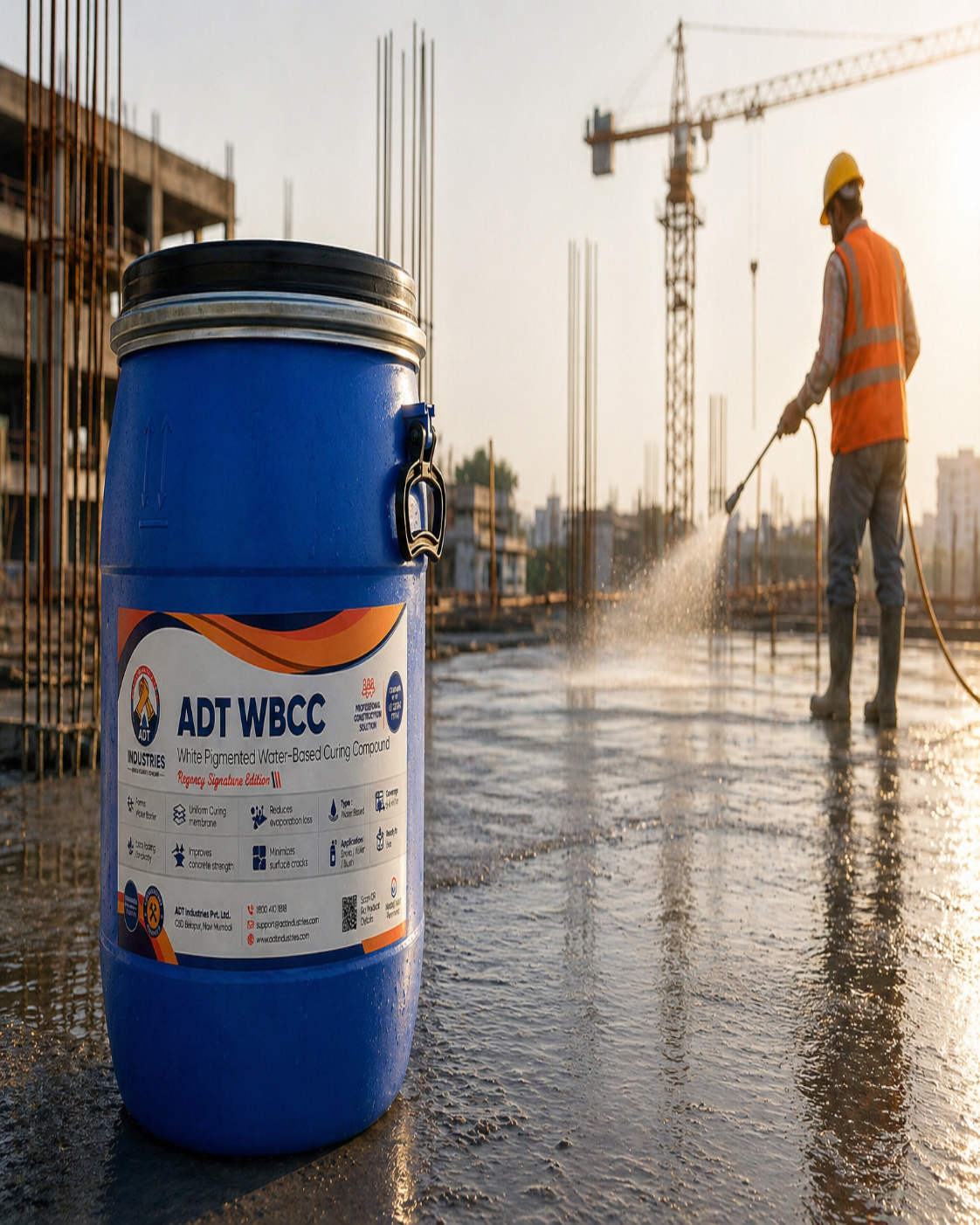 Blue container labeled 'ADT WBCC' on a construction site with a worker using a hose.