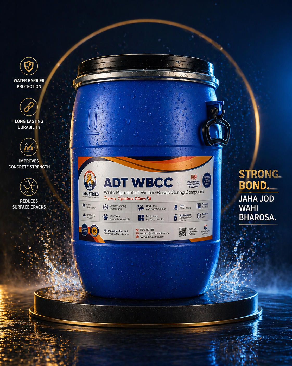Blue container with a label on a dark background