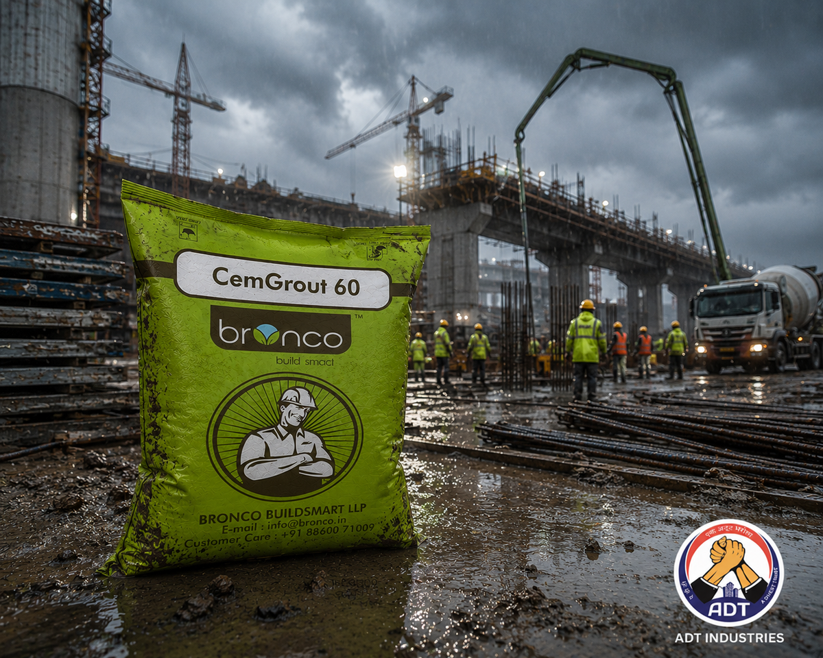 Bronco Chemgrout 60 product close up — high-strength non-shrink cement grout 60MPa specifications Bronco India
