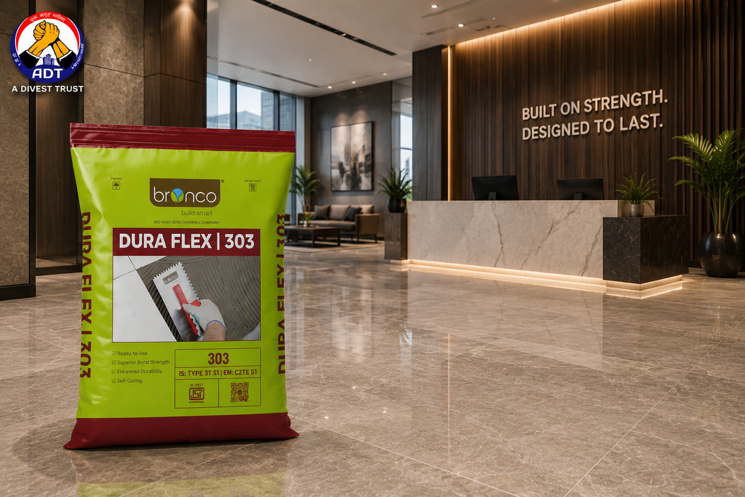 Bronco Dura Flex high-strength adhesive holding marble on a wall