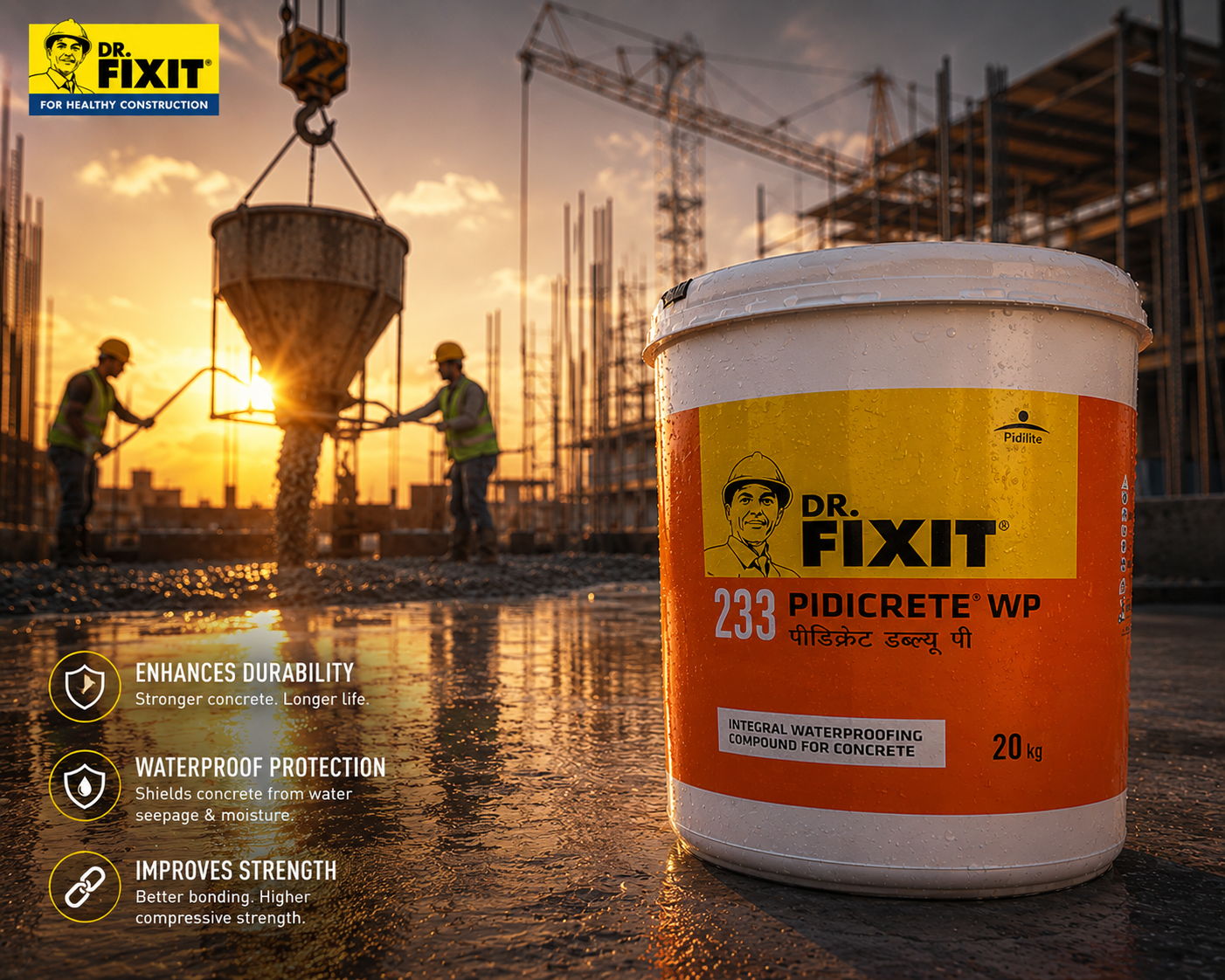Dr. Fixit 233 Pidicrete WP — trusted acrylic polymer waterproofing compound for new construction and repair applications in India

