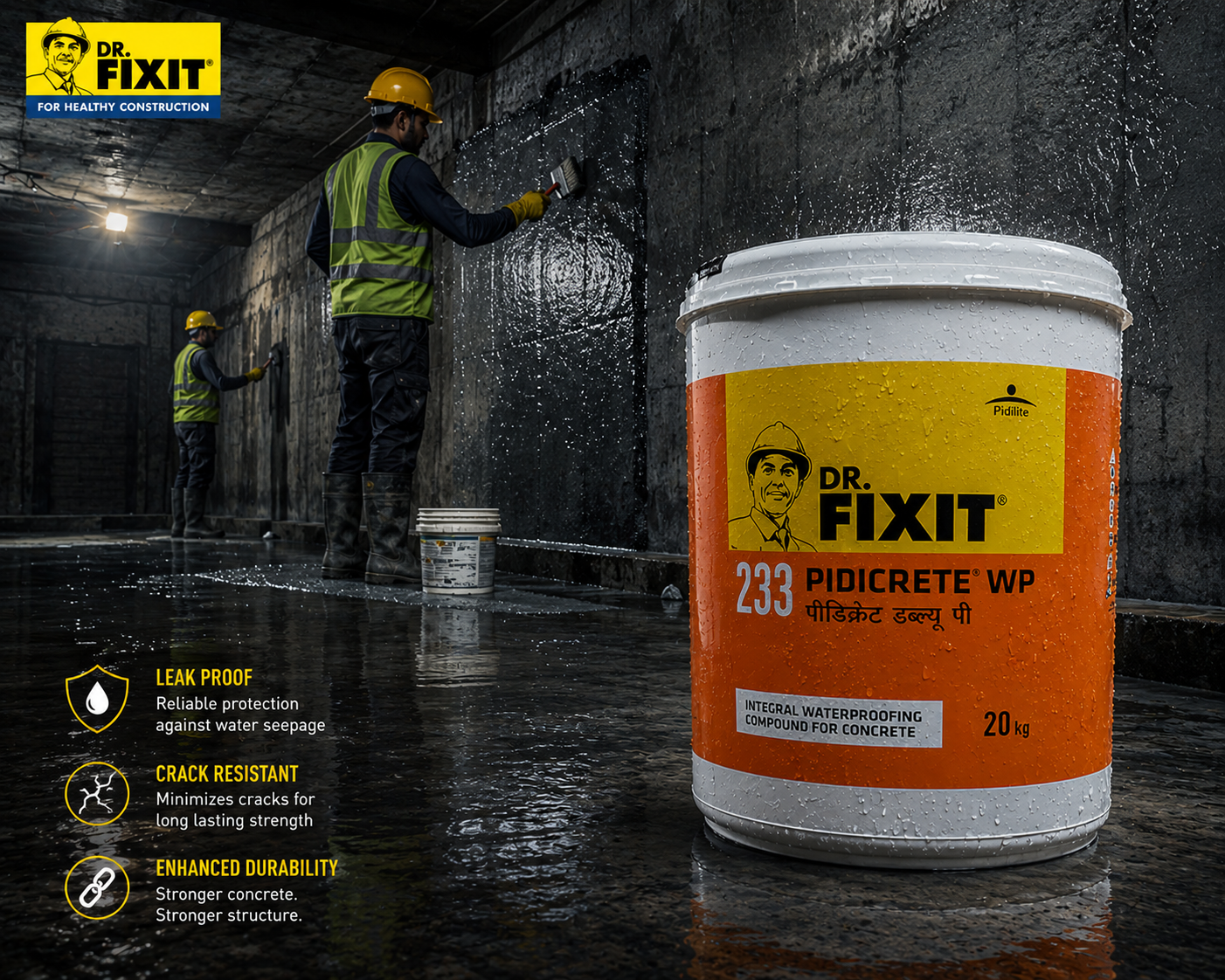 Dr. Fixit 233 Pidicrete WP — chloride-free acrylic waterproofing compound for roof, wall and cementitious substrates

