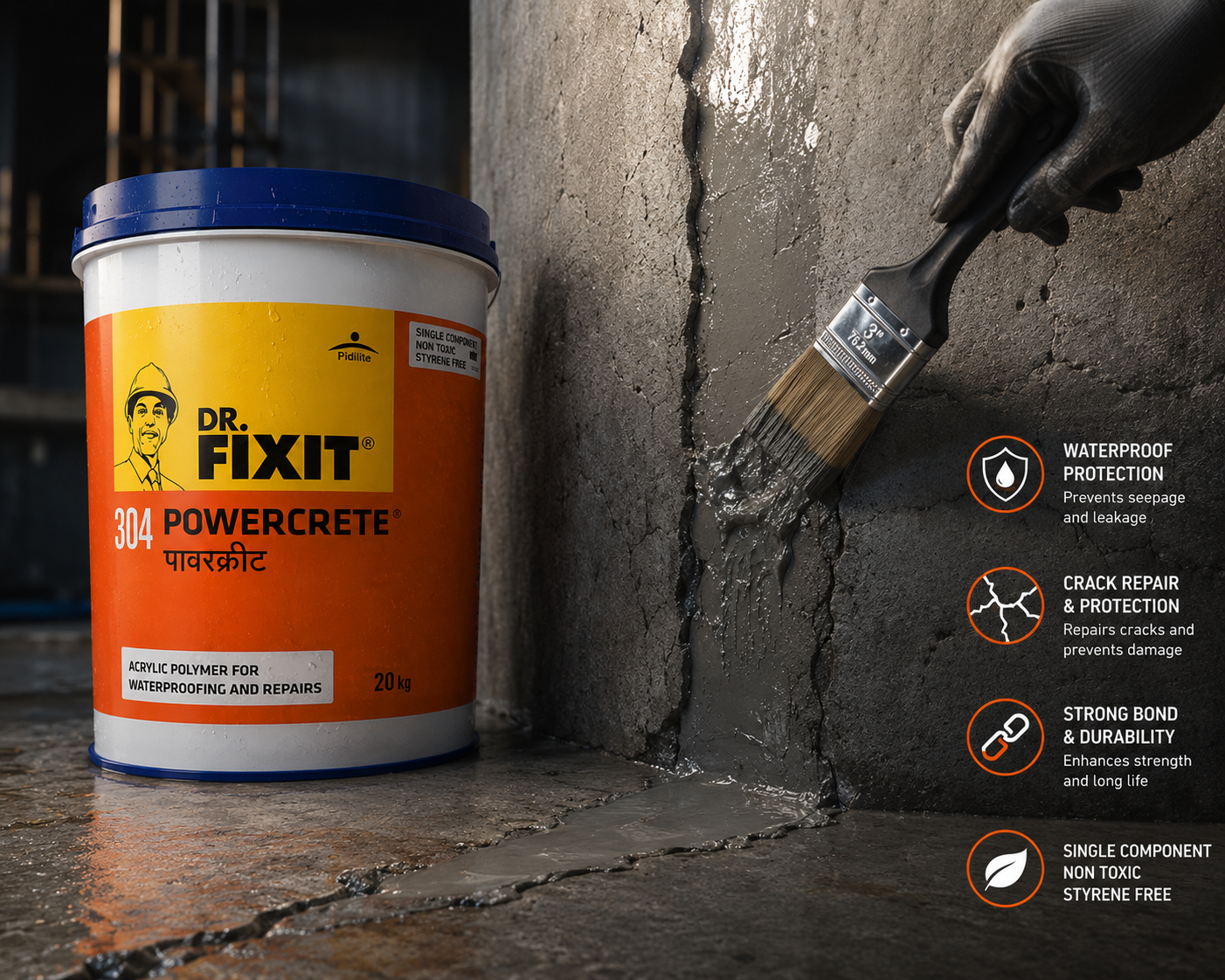 Powercrete by Dr. Fixit — acrylic polymer waterproofing chemical that prevents salt and chloride penetration into structural concrete

