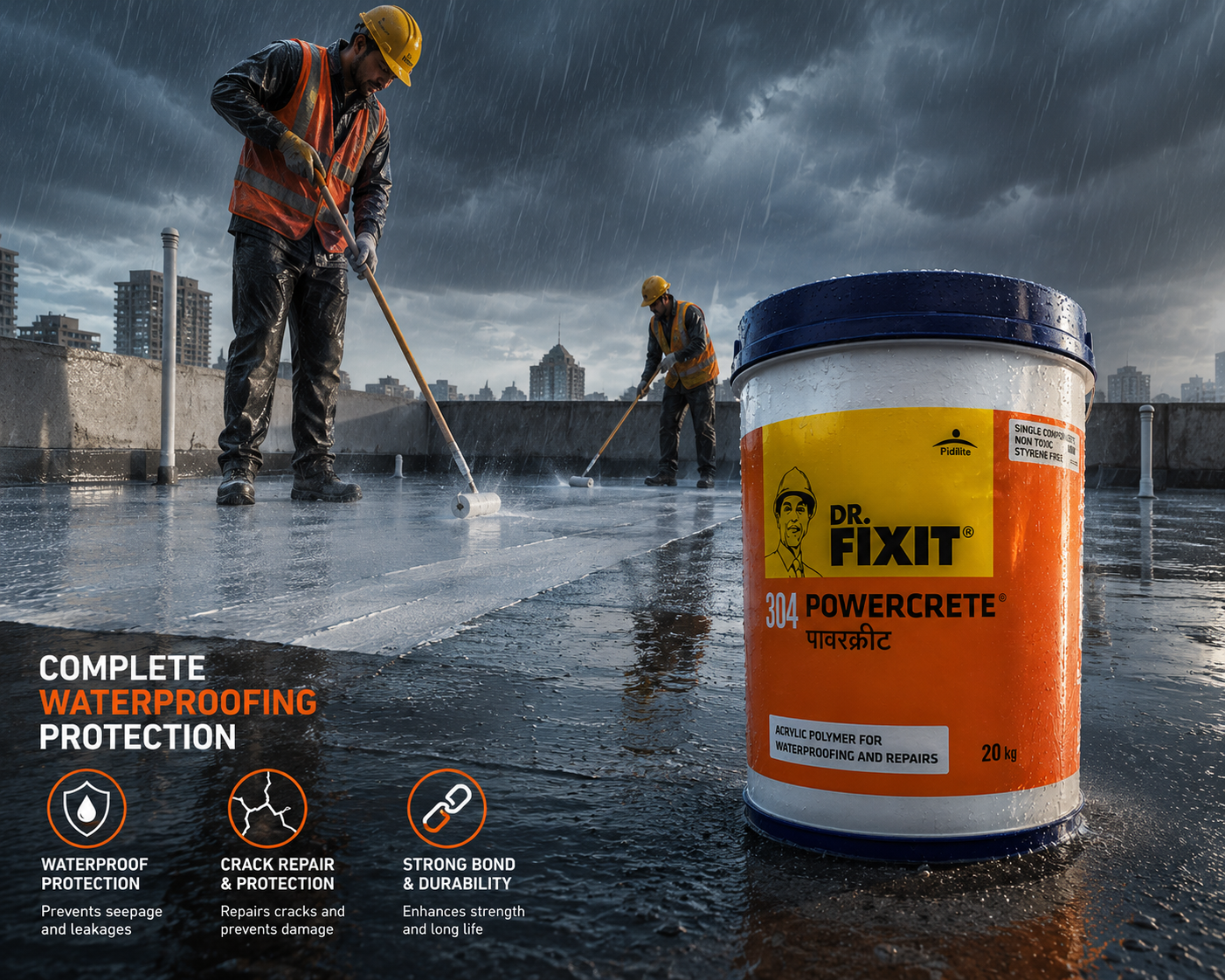 Dr. Fixit 304 Powercrete — tough breathable waterproof membrane made with cement and glass fiber mesh for roof and terrace

