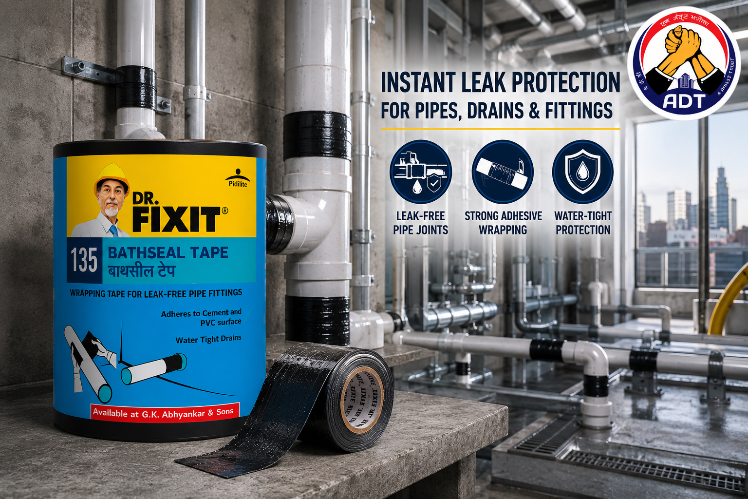 Dr. Fixit Bathseal Tape wrapped around a pipe through a concrete slab