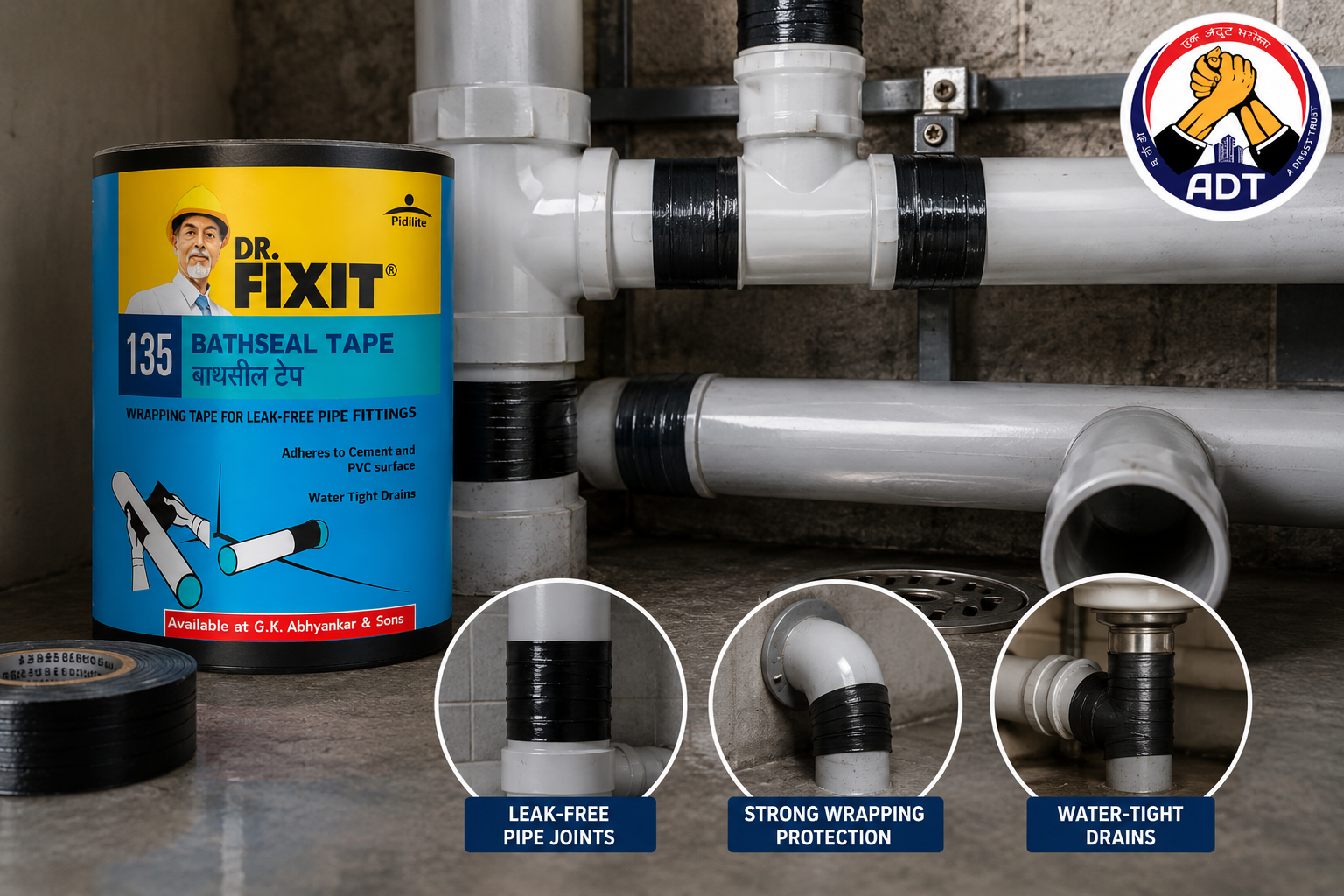 Dr. Fixit Bathseal Tape sealing a wall to floor joint in a bathroom