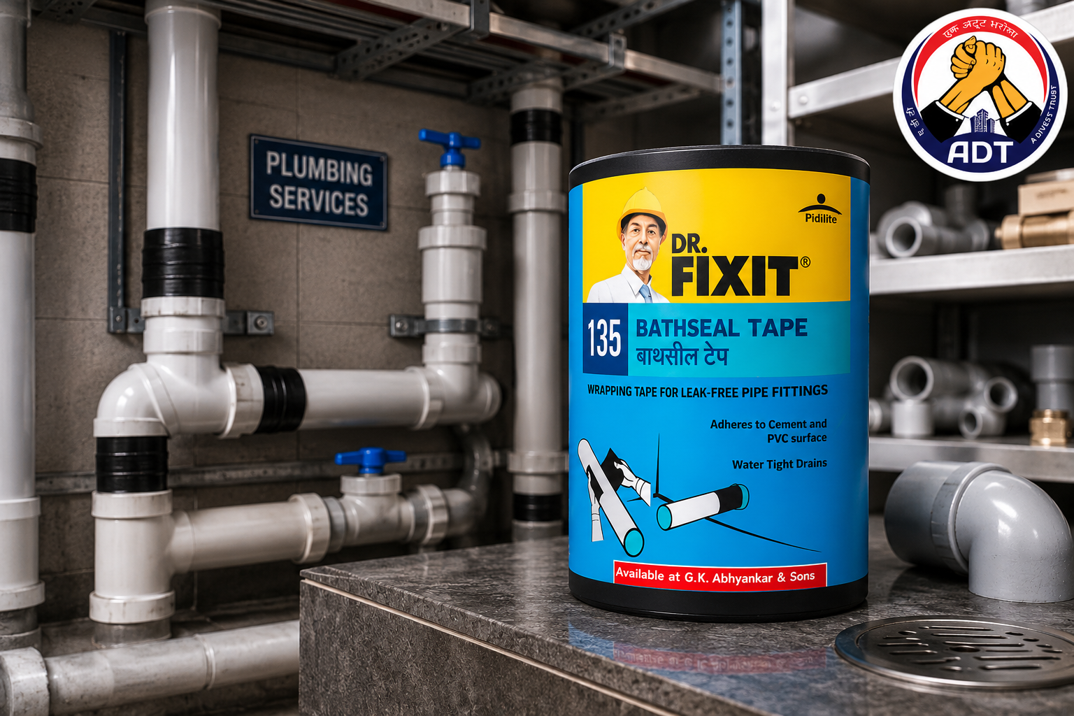 Dr. Fixit Bathseal Tape cold applied waterproofing tape on a wet area joint