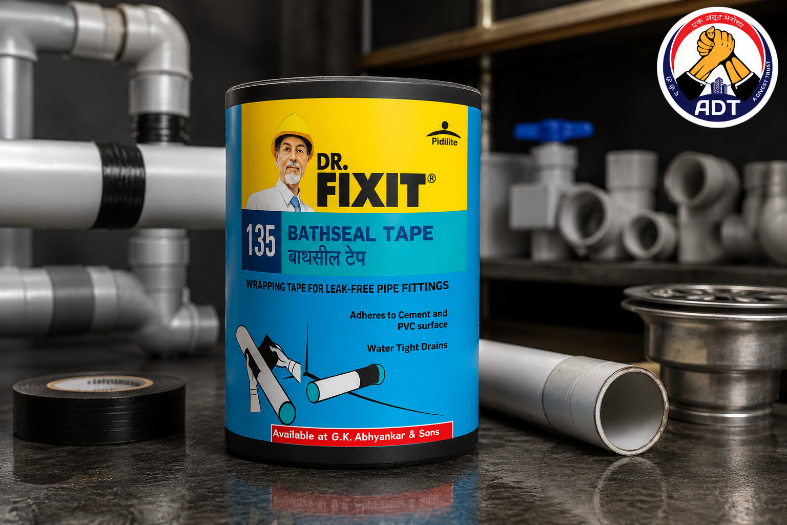 Dr. Fixit Bathseal Tape cold applied waterproofing tape on a wet area joint