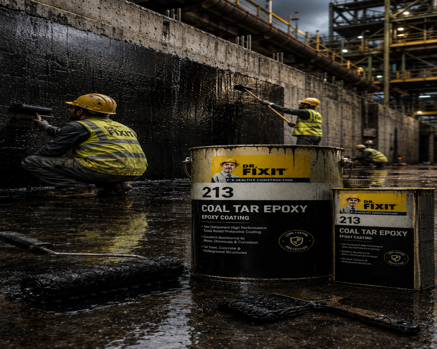 Dr Fixit Coal Tar Epoxy applied on concrete wall surface — two-component epoxy tar protective waterproofing coating India