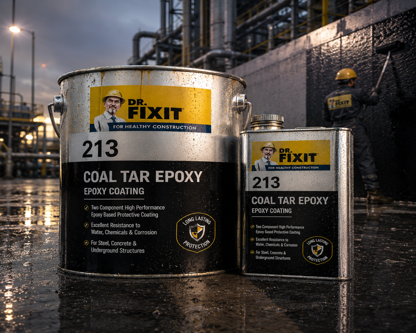 Dr Fixit Coal Tar Epoxy product close up — epoxy tar coating specifications for concrete steel and underground waterproofing India