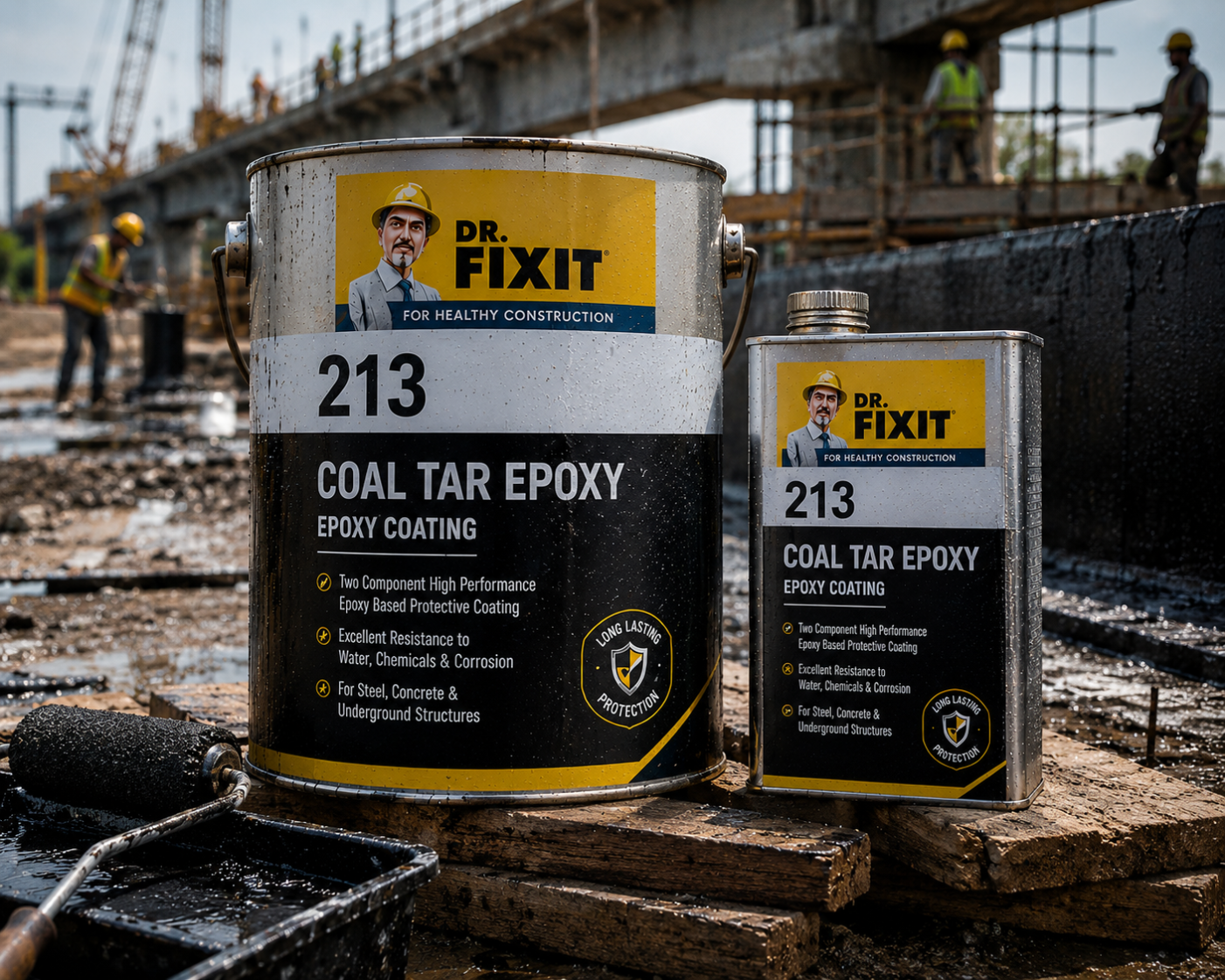 Dr Fixit Coal Tar Epoxy on construction site — two-component protective coating for water tank basement concrete India