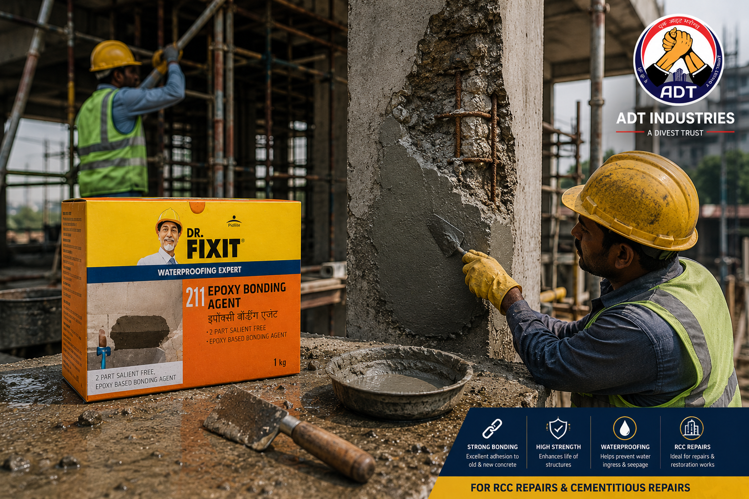 Dr Fixit Epoxy Bonding Agent application on concrete slab column — two-component epoxy bonding agent repair mortar India
