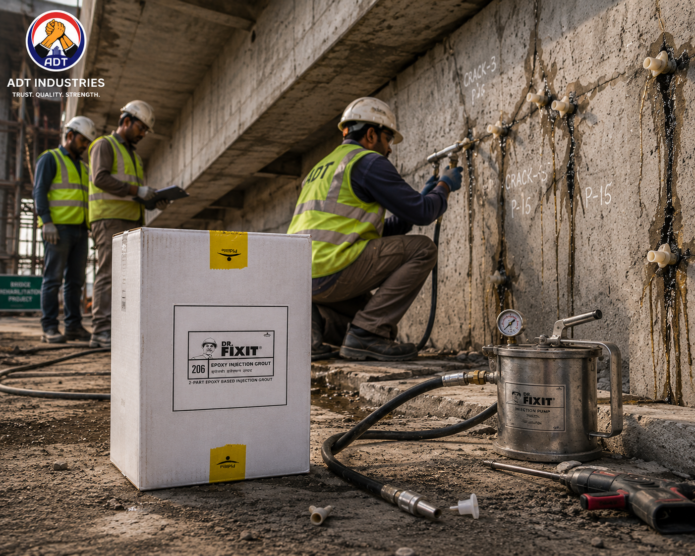 Structural crack in concrete column repaired with Dr. Fixit Epoxy Injection Grout — epoxy injection grout deep penetration bond restoration India
