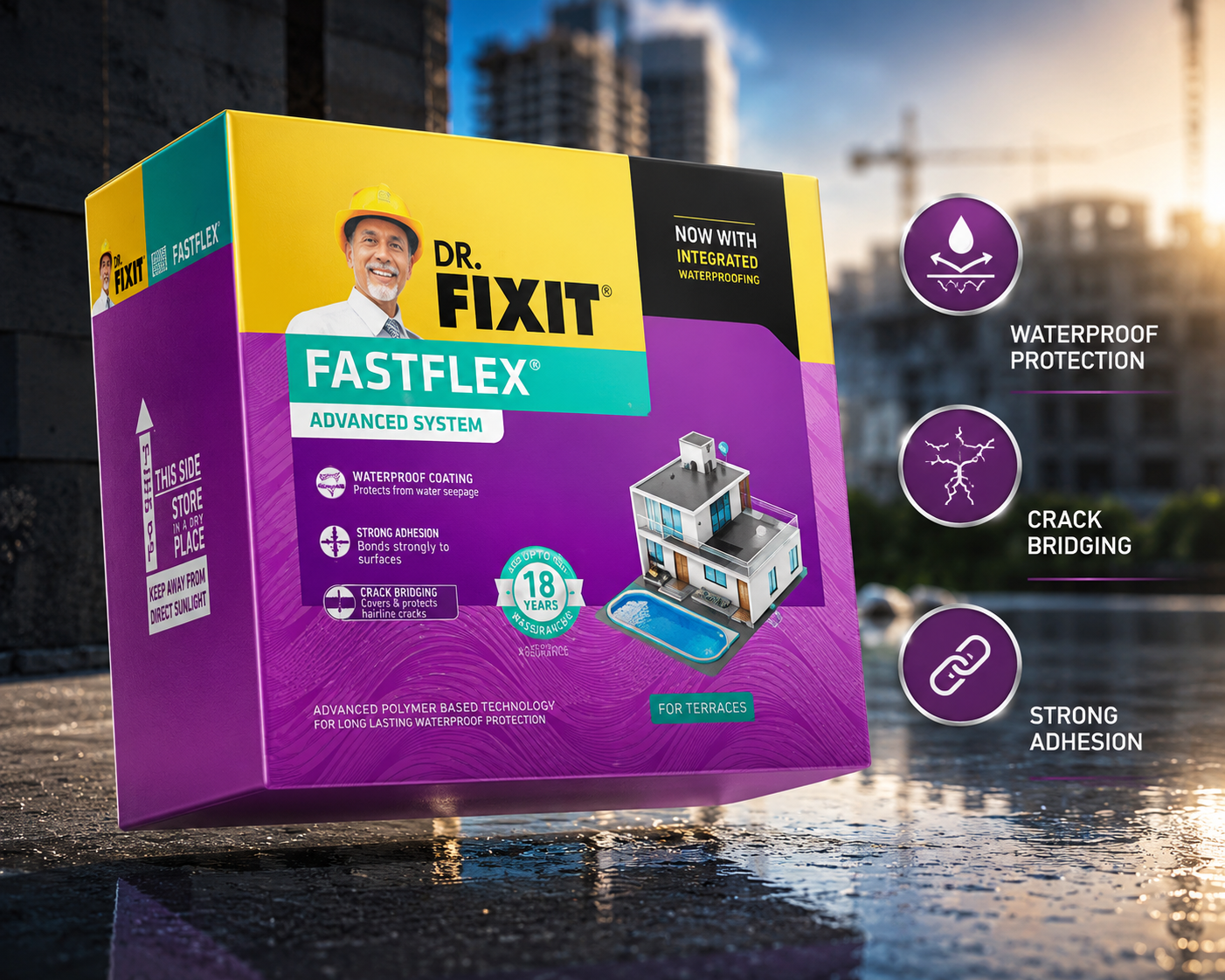 Dr. Fixit Fastflex Ultra — advanced cementitious waterproofing coating by Pidilite for roof, terrace and wall seepage protection




