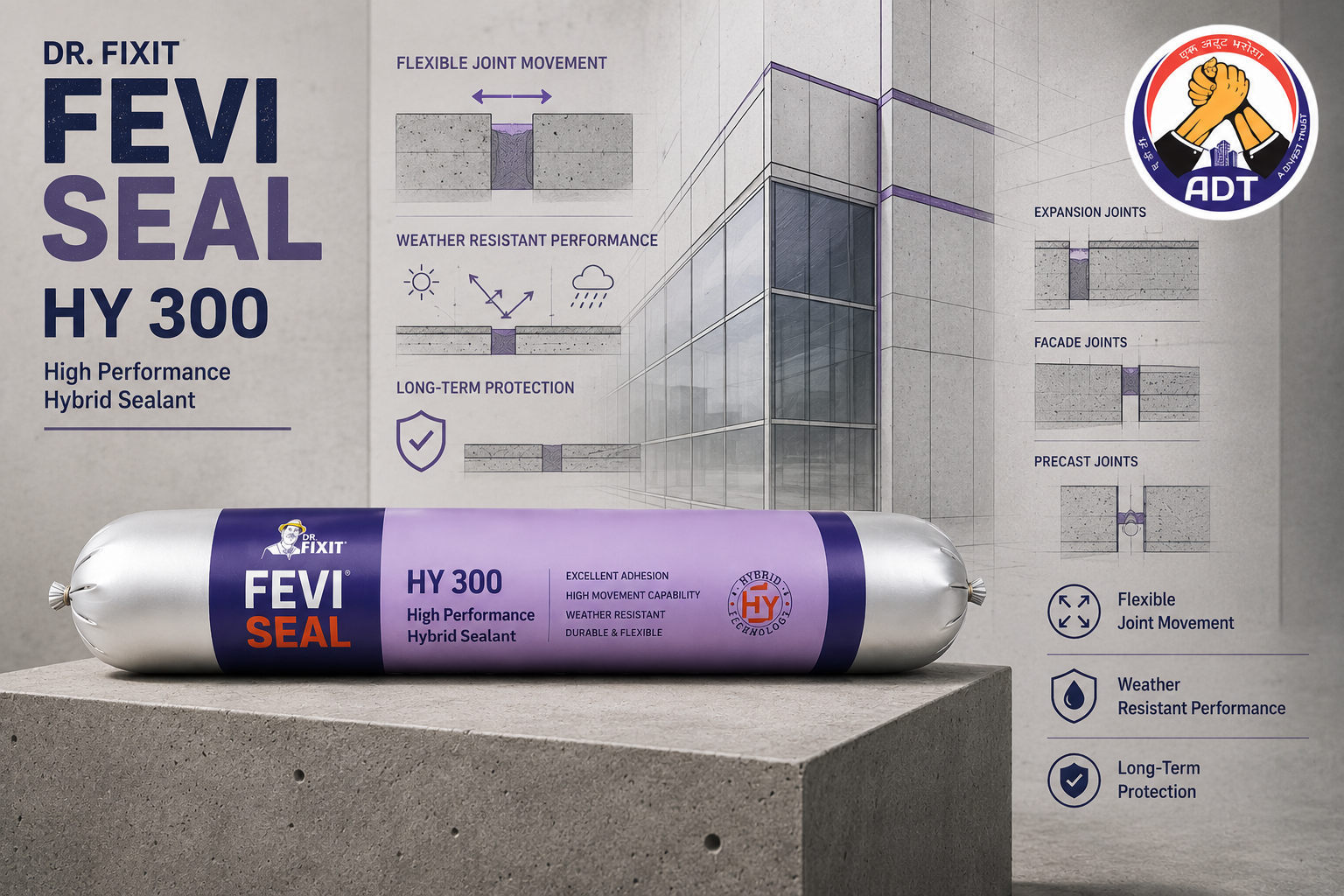 Dr. Fixit Feviseal HY 300 firm hybrid sealant tooled into a movement joint