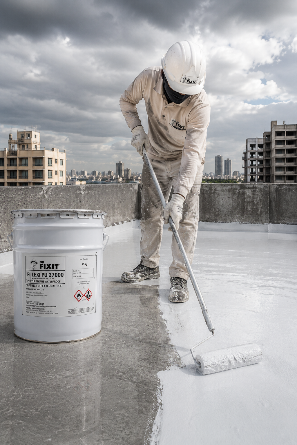 DR FIXIT FLEXI PU 270(I) applied on roof terrace — seamless polyurethane waterproof coating crack-bridging elastomeric layer India
