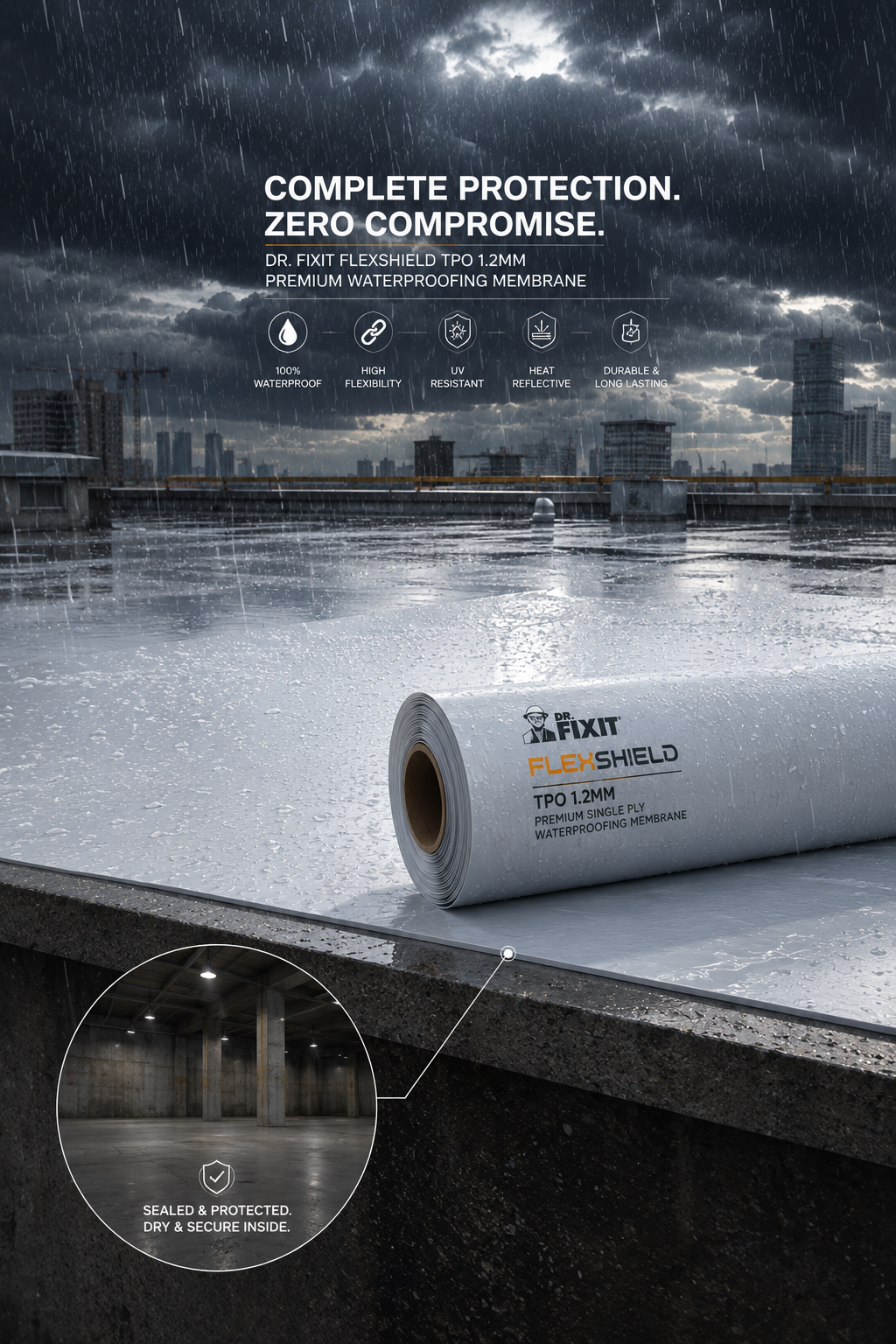 Dr Fixit Flexshield TPO 1.2MM product close up — polyester scrim reinforced TPO waterproofing sheet membrane specifications India
