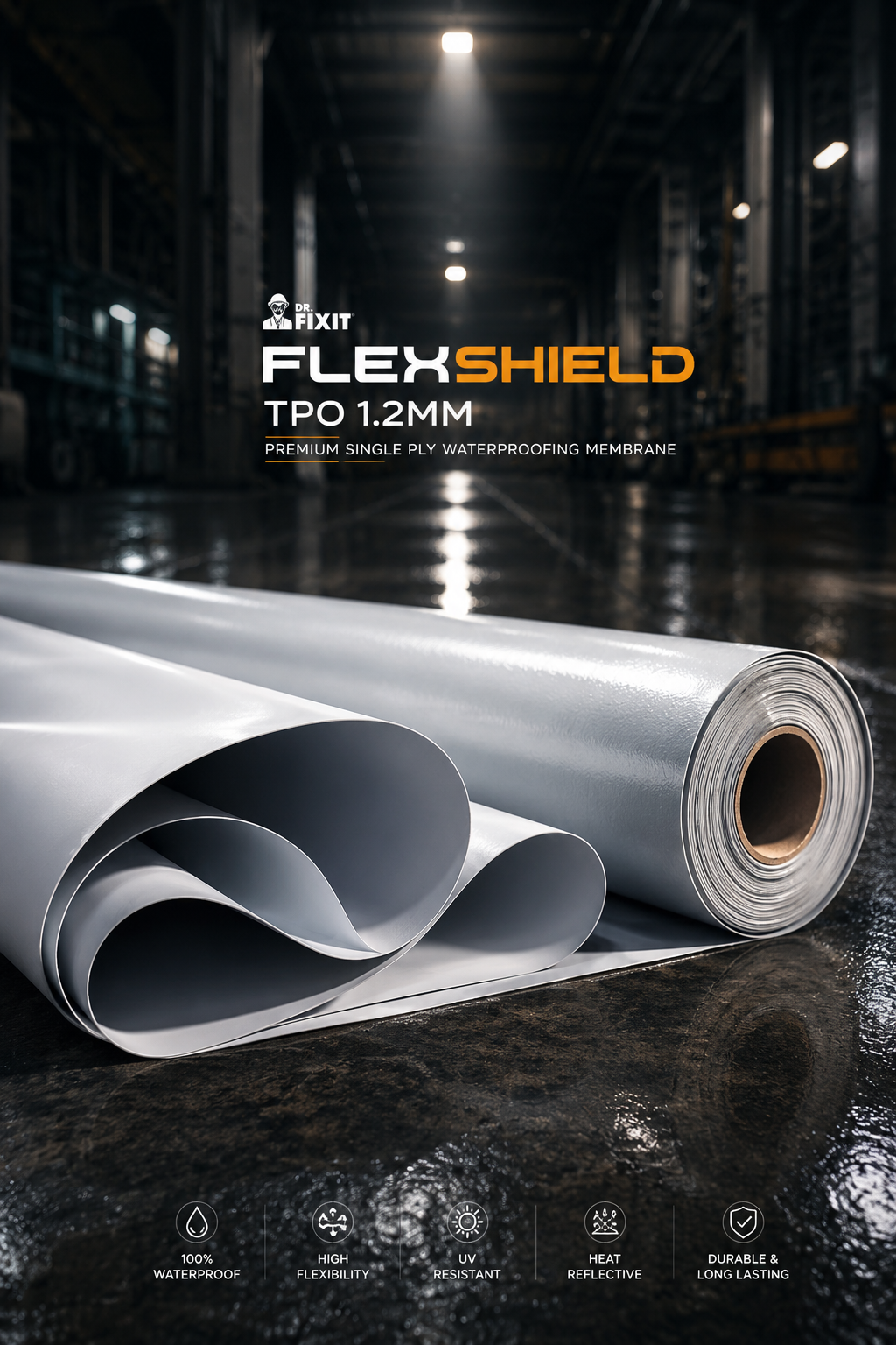Dr Fixit Flexshield TPO 1.2MM eco-friendly waterproofing solution — 100 percent recyclable TPO membrane UV resistant roof waterproofing India
