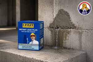 Dr. Fixit Instant Leak Plug pressed into a leaking crack to stop running water