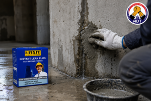 Dr. Fixit Instant Leak Plug used to stop seepage at a concrete construction joint