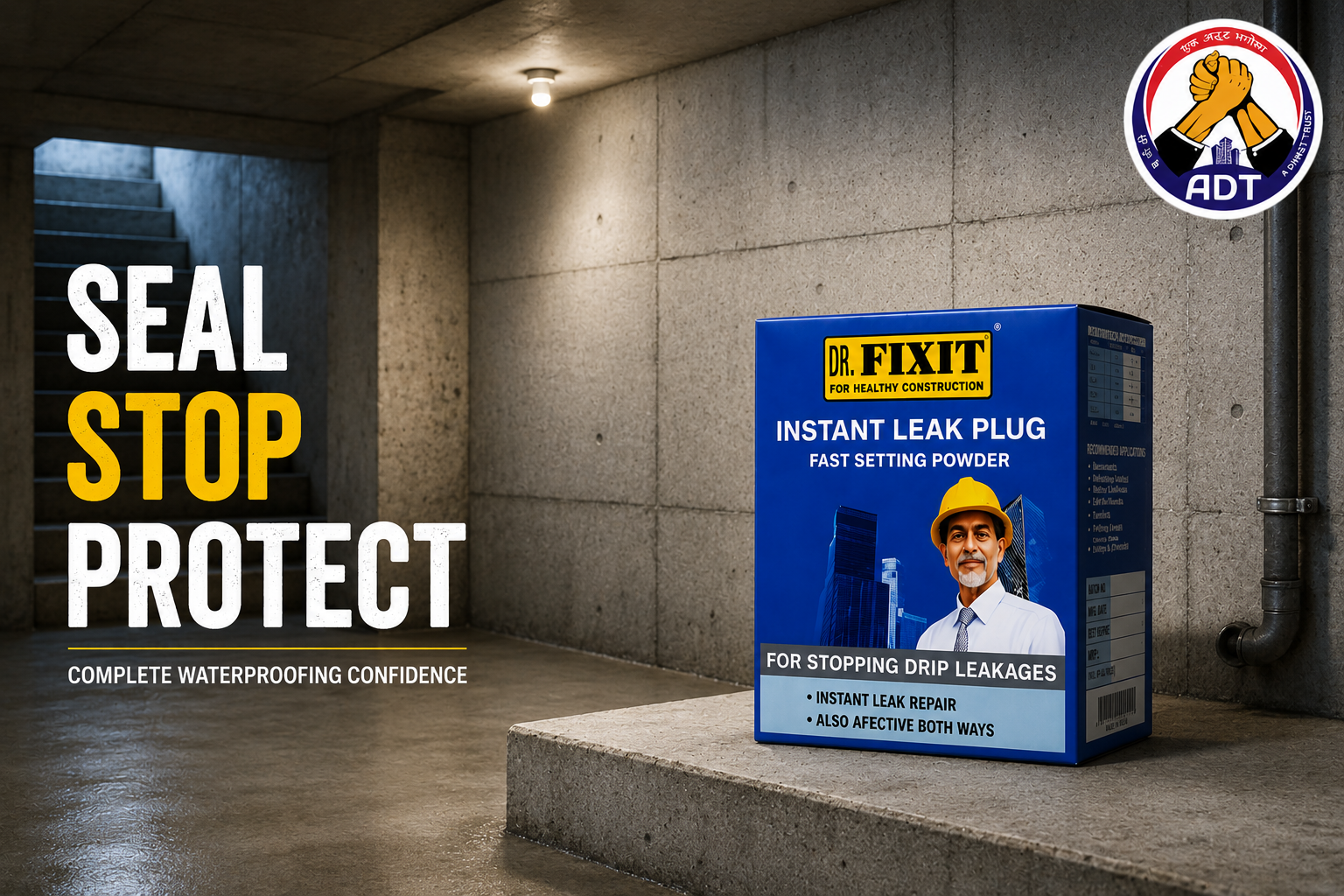 Dr. Fixit Instant Leak Plug sealing an active water leak in a masonry wall