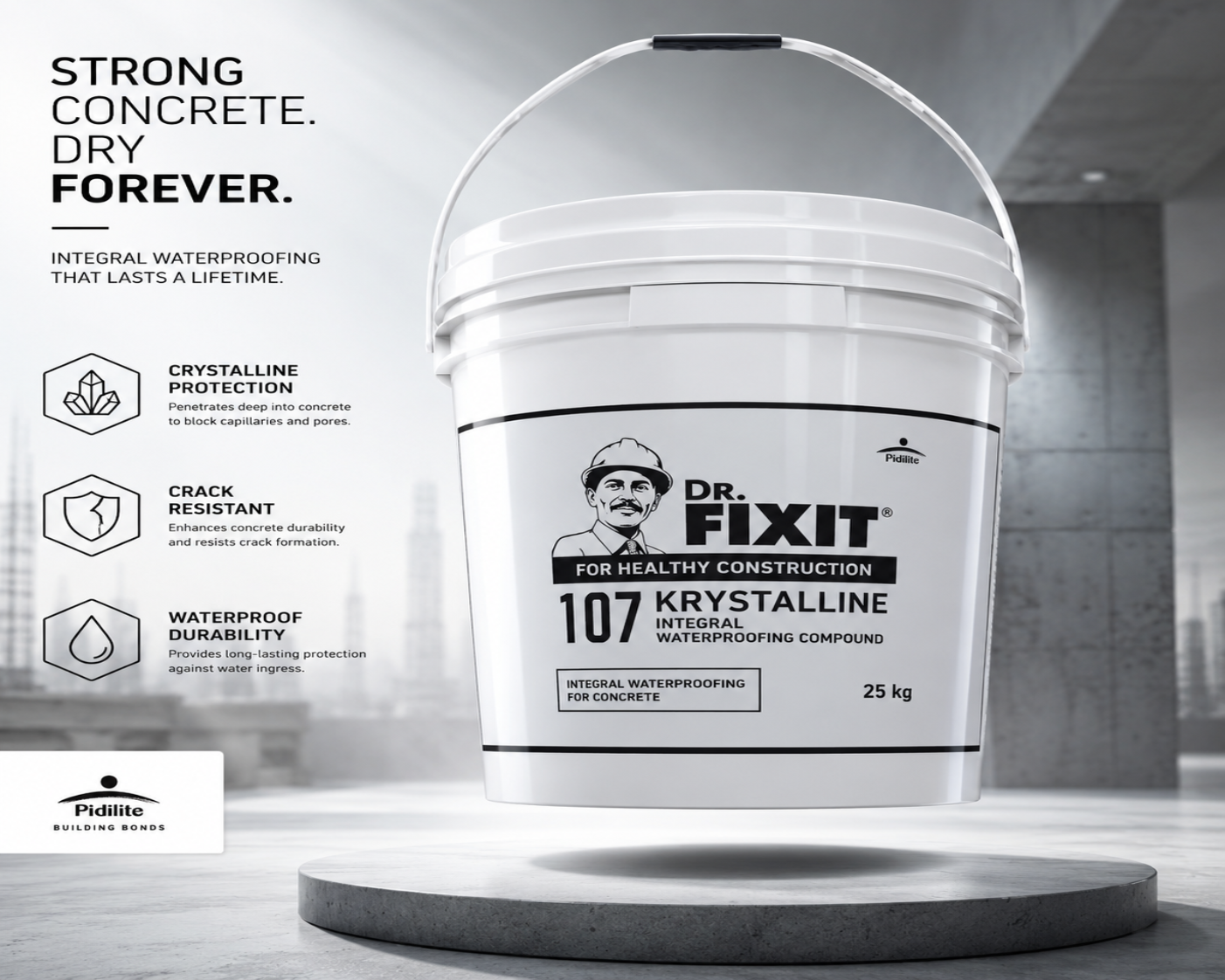 Dr. Fixit Krystaline — cement-based crystalline waterproofing chemical that seals capillary pores and hairline cracks in concrete




