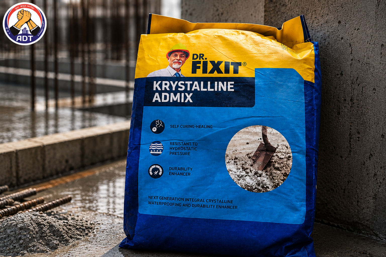 Dr. Fixit Krystaline Admix applied in underground water tank construction — self-sealing crystalline admixture India