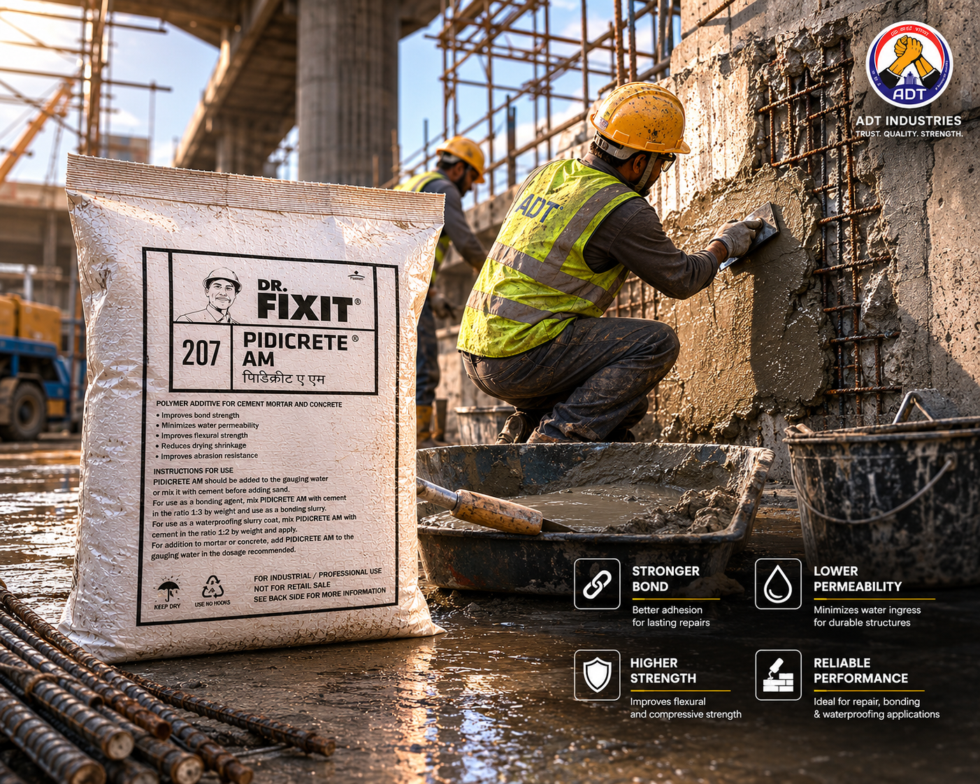 Cement grout admixture being added to grouting compound mix on site — DR. FIXIT PIDICRETE AM construction chemical India
