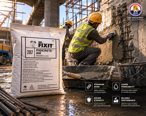 Cement grout admixture being added to grouting compound mix on site — DR. FIXIT PIDICRETE AM construction chemical India
