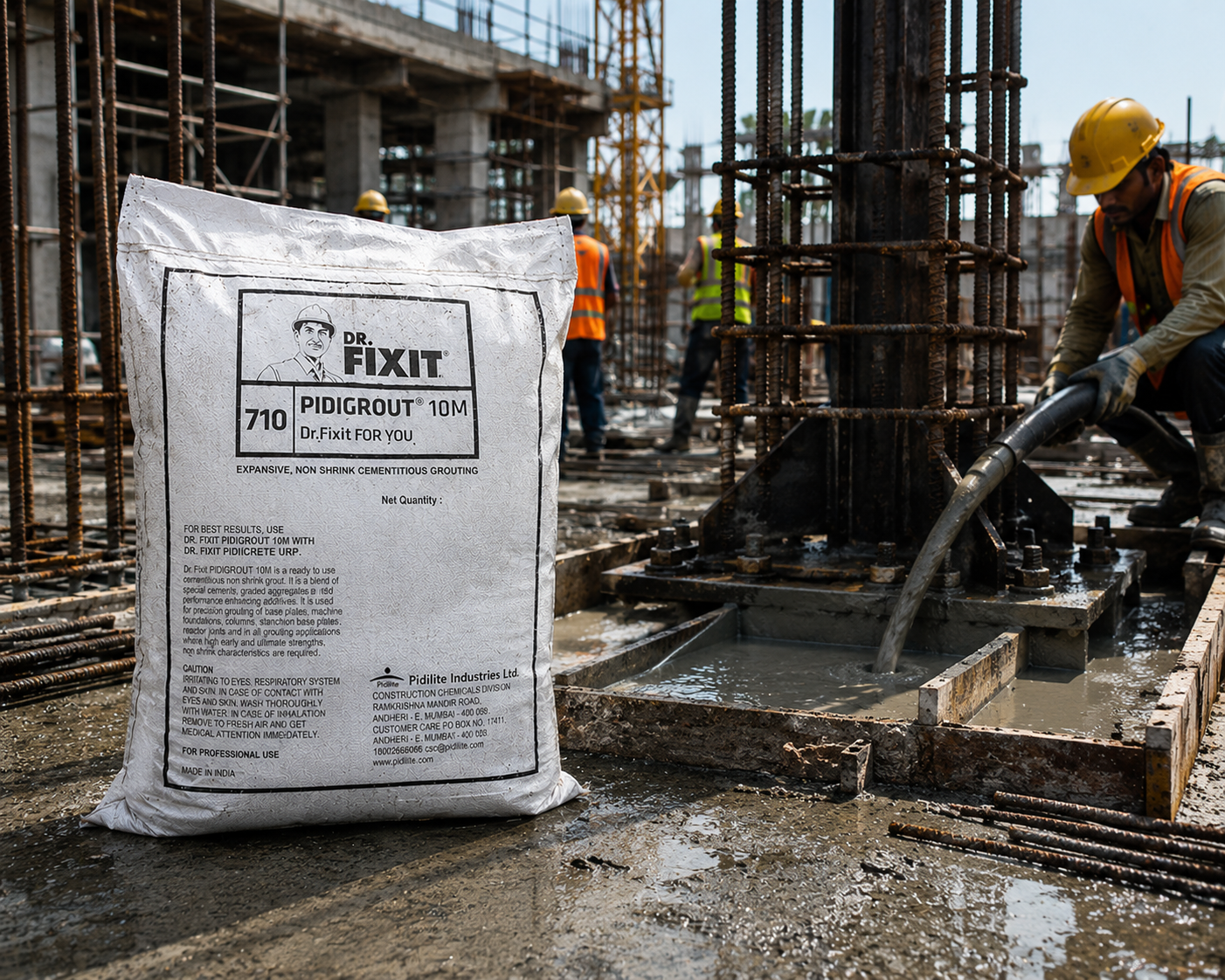 Dr Fixit Pidigrout 10M poured into machine base plate gap — non-shrink cement grout precision grouting application India
