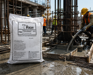 Dr Fixit Pidigrout 10M poured into machine base plate gap — non-shrink cement grout precision grouting application India
