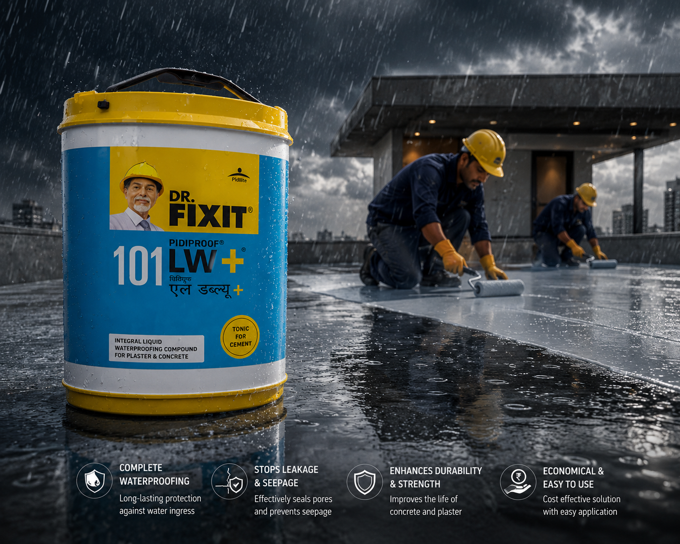Pidiproof LW+ by Pidilite — cementitious waterproofing admixture for plaster and concrete

