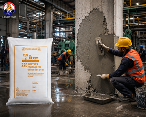 Spalled concrete column face restored with Dr. Fixit Polymer Mortar HB — polymer-modified repair mortar hand-applied India
