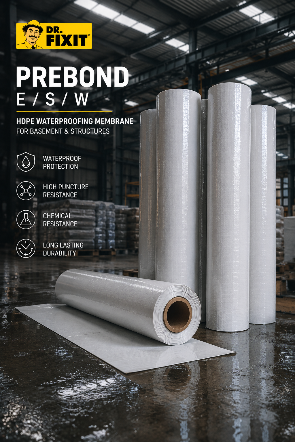 Dr Fixit Prebond HDPE membrane installed on foundation — pre-applied waterproofing bonding chemically with wet concrete India
