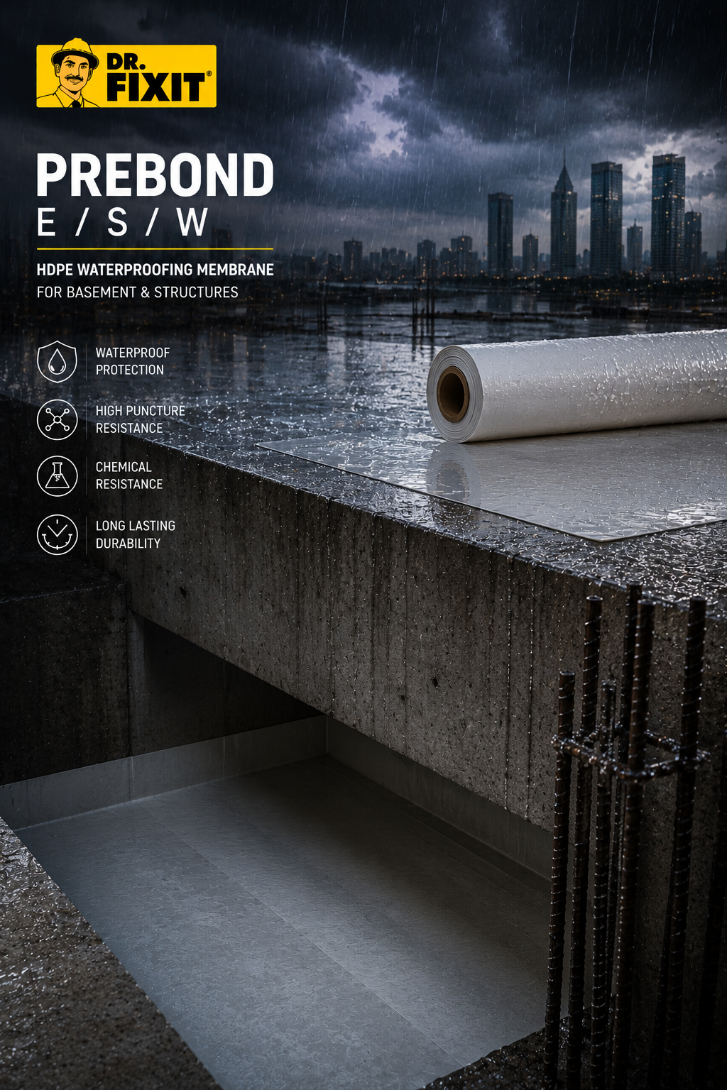 Dr Fixit Prebond application on construction site — HDPE waterproofing membrane for deep basement and below-grade waterproofing India
